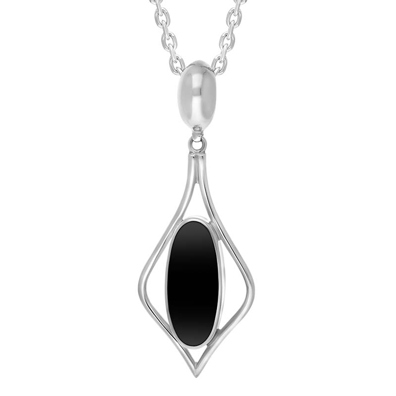 Sterling Silver Whitby Jet Oval Pointed Open Frame Necklace