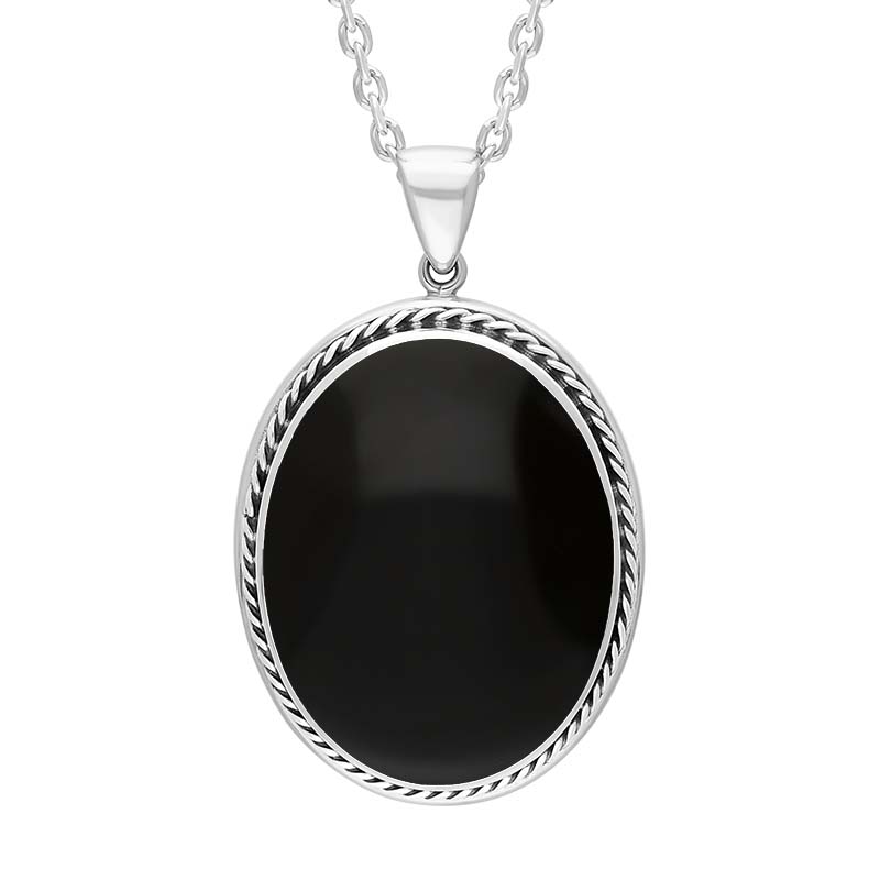 Sterling Silver Whitby Jet Oval Rope Edge Necklace