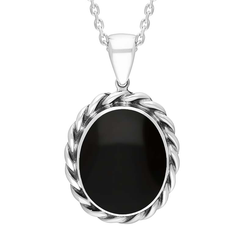 Sterling Silver Whitby Jet Oval Rope Edge Necklace