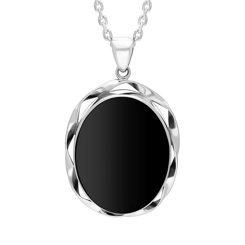 Sterling Silver Whitby Jet Oval Twisted Rope Edge Necklace