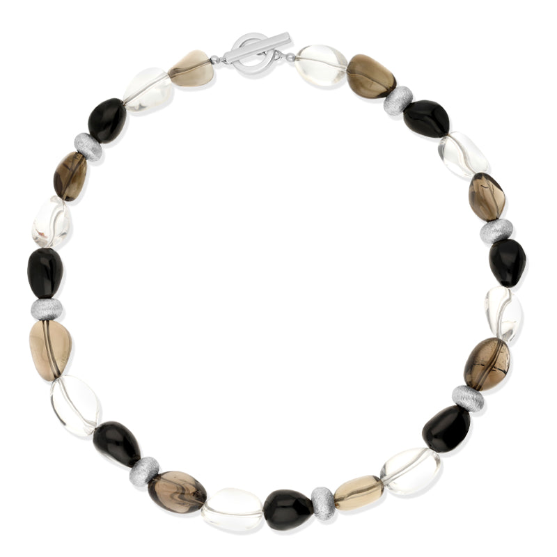 Sterling Silver Whitby Jet Smokey Quartz Bead Necklace D