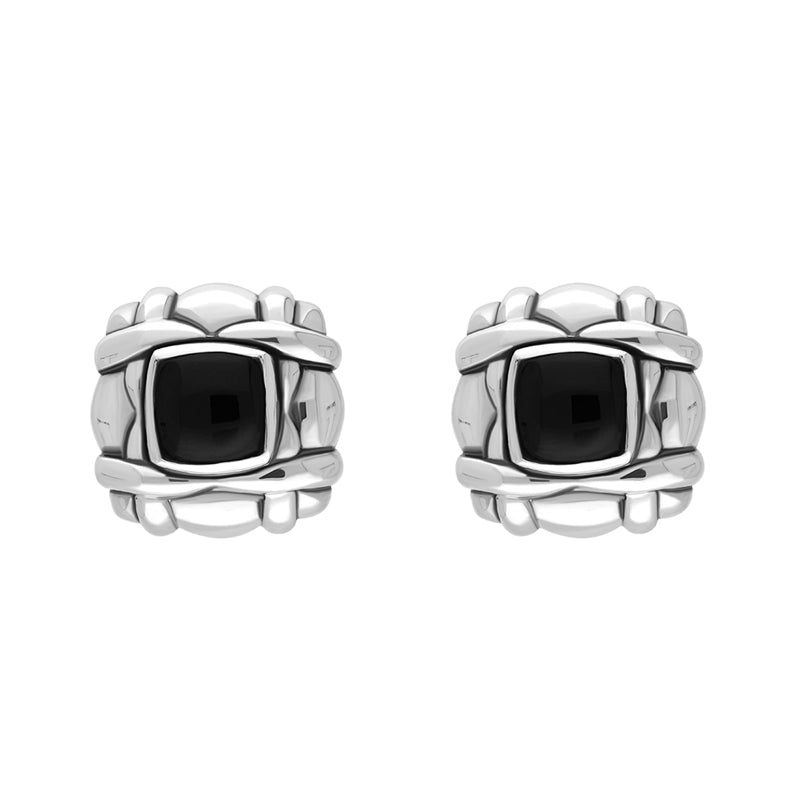 Sterling Silver Whitby Jet Square Weave Edge Omega Clip Earrings D