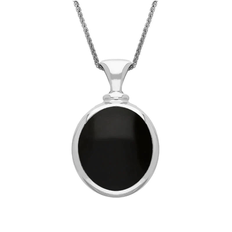 Sterling Silver Whitby Jet White Mother Of Pearl Small Double Sided Oval Fob Necklace