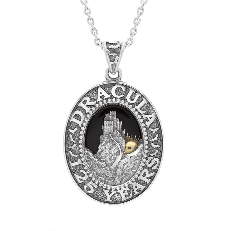 Sterling Silver Yellow Gold Plated Whitby Jet Dracula 125 Year Anniversary Small Oval Pendant