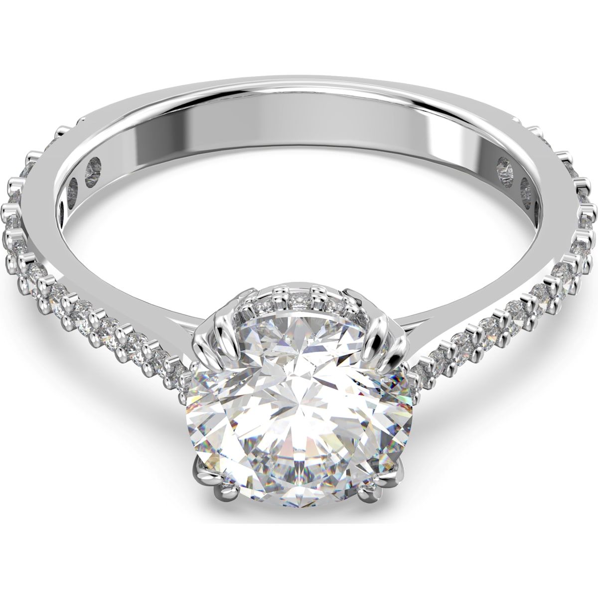 Swarovski Constella Rhodium Plated White Crystal Princess Cut Cocktail Ring Size 50