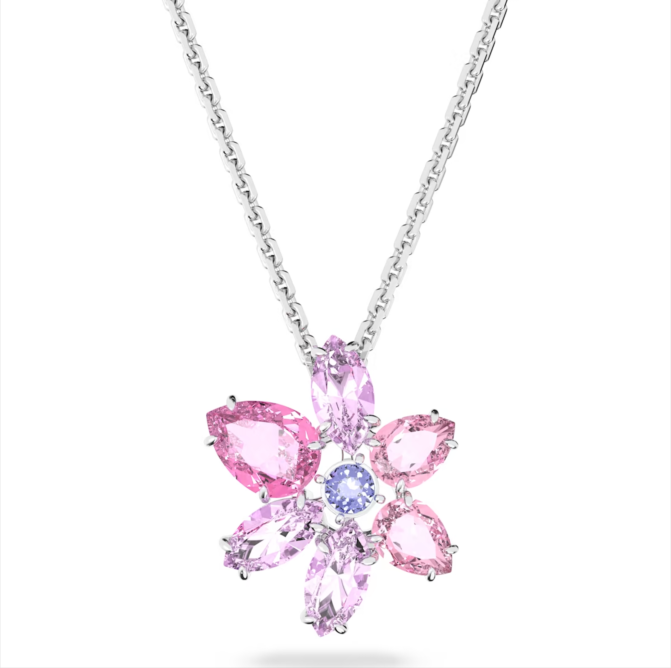 Swarovski Gema Rhodium Plated Flower Pink Crystal Necklace
