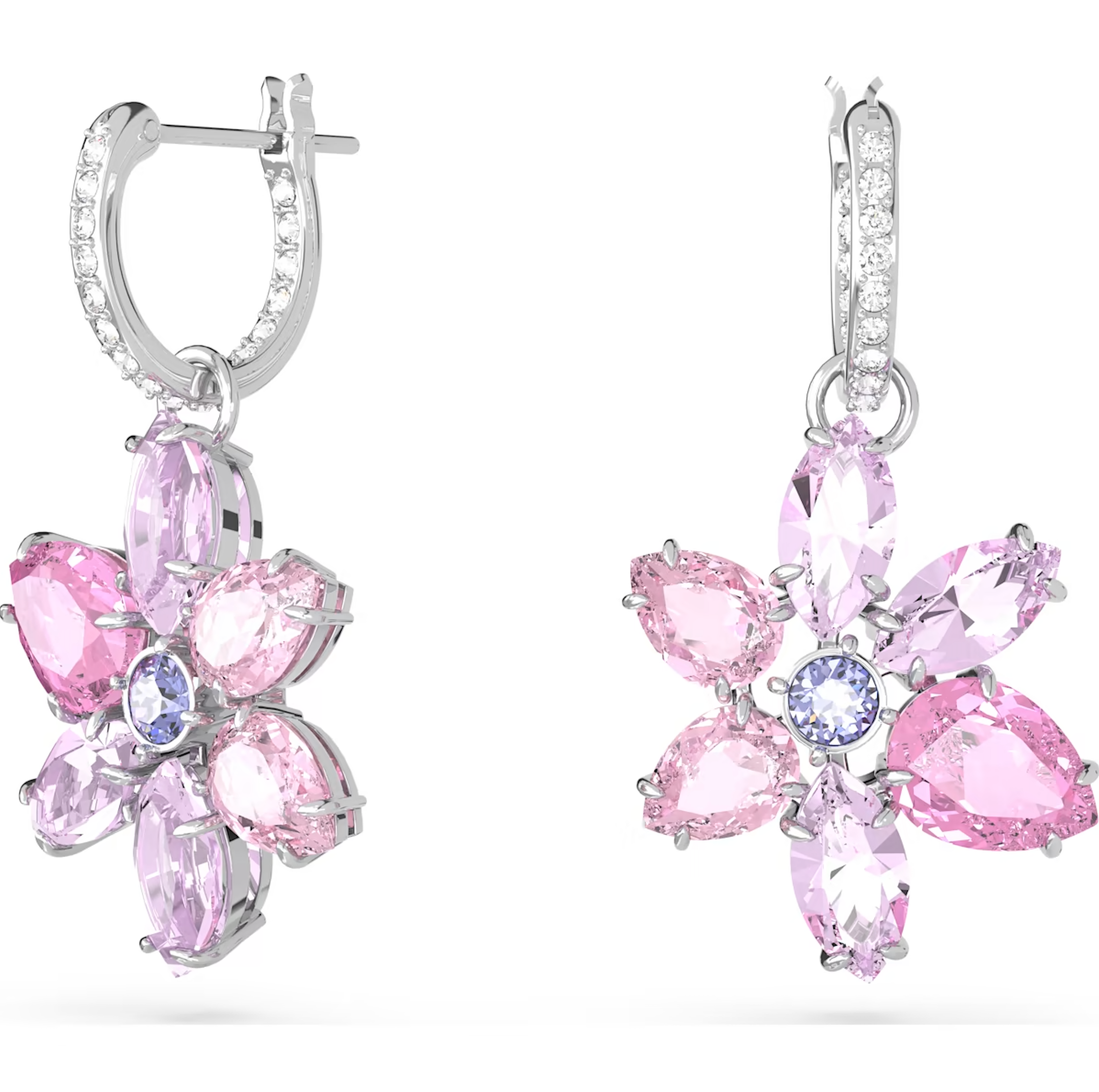 Swarovski Gema Rhodium Plated Flower Pink Crystal Earrings