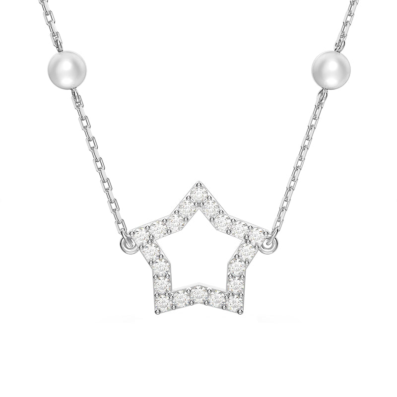 Swarovski Stella Rhodium Plated White Crystal Pearls Star Necklace