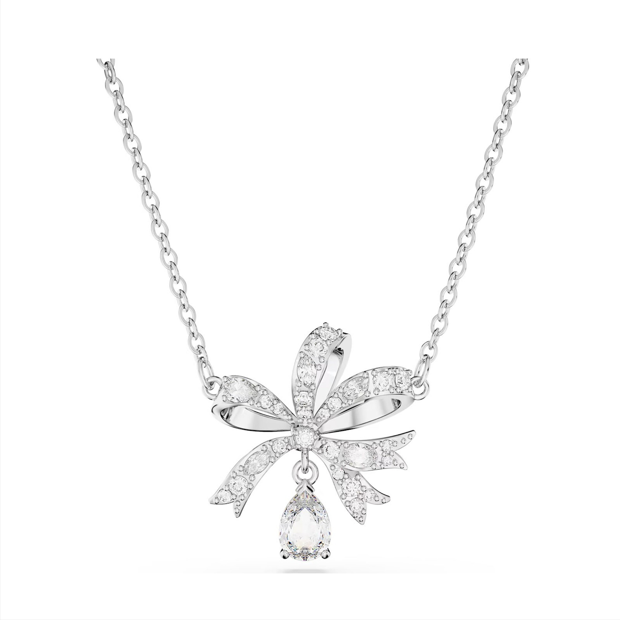 Swarovski Volta Rhodium Plated Small Bow White Crystal Necklace