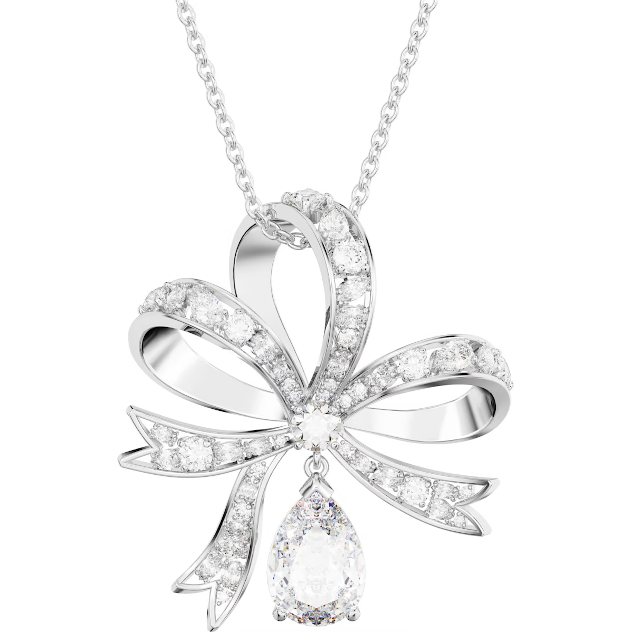 Swarovski Volta Rhodium Plated Large Bow White Crystal Necklace