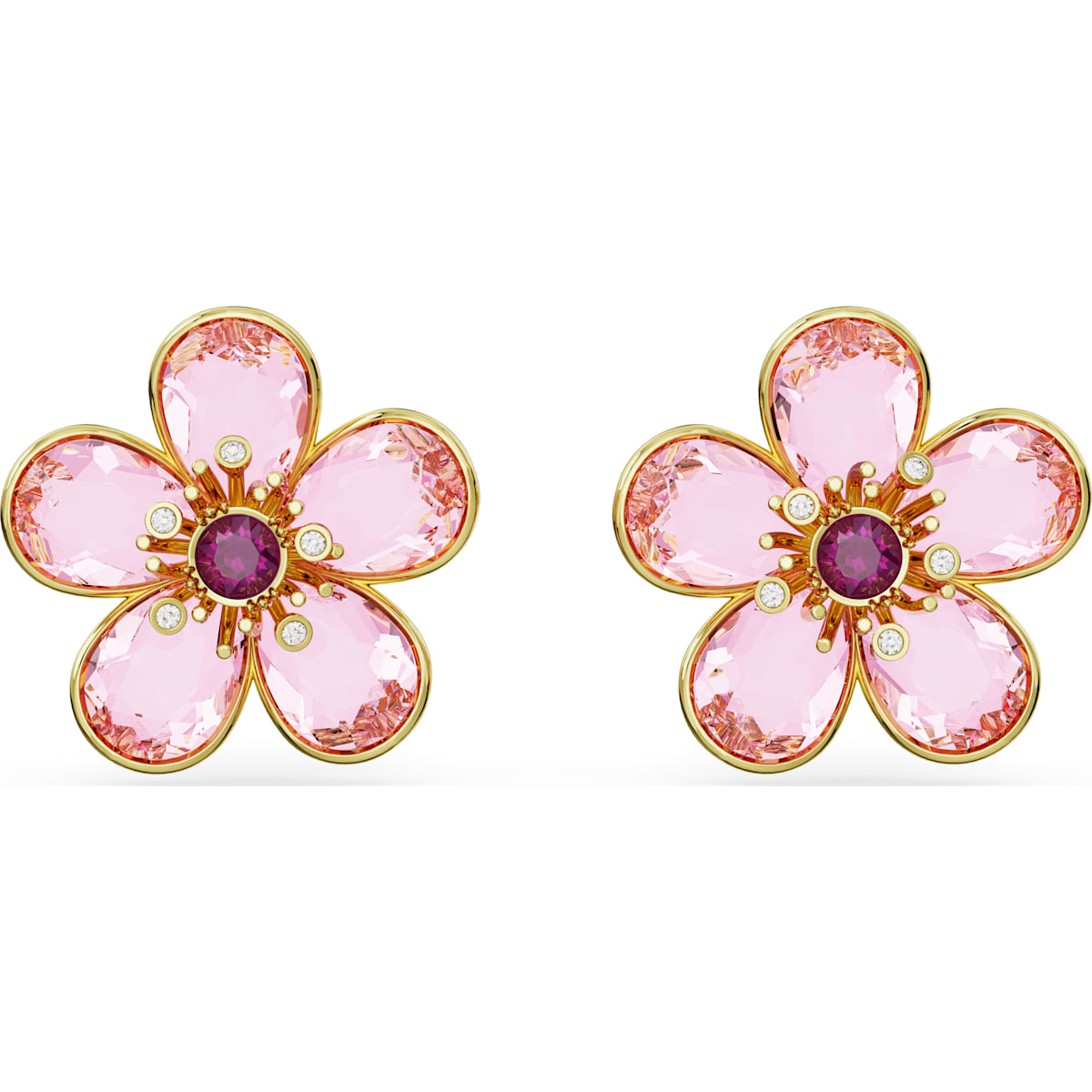 Swarovski Florere Gold Tone Plated Pink Crystal Flower Stud Earrings