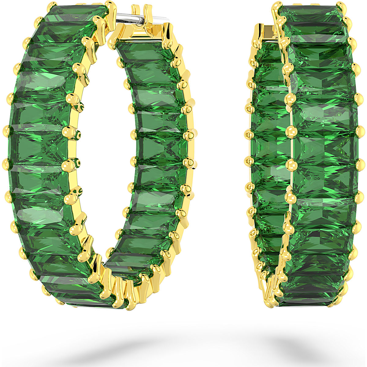 Swarovski Matrix Gold Tone Plated Green Crystal Baguette Cut Hoop Earrings