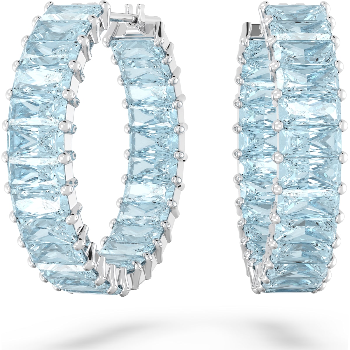 Swarovski Matrix Rhodium Plated Blue Crystal Baguette Cut Hoop Earrings