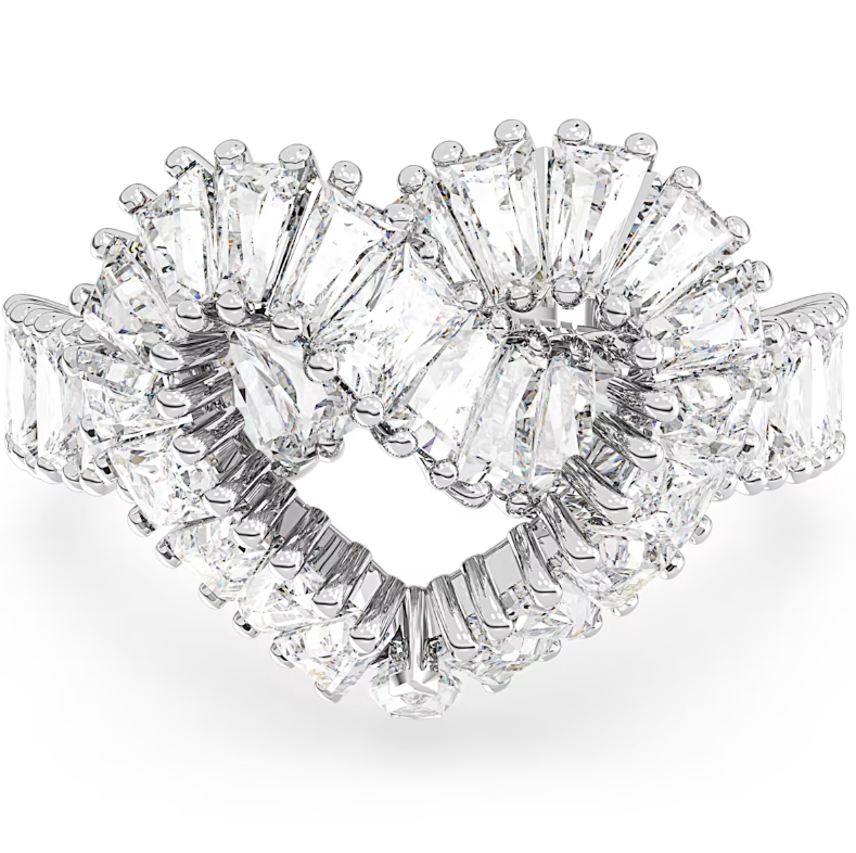 Swarovski Matrix Rhodium Plated White Crystal Heart Cocktail Ring - Size 50