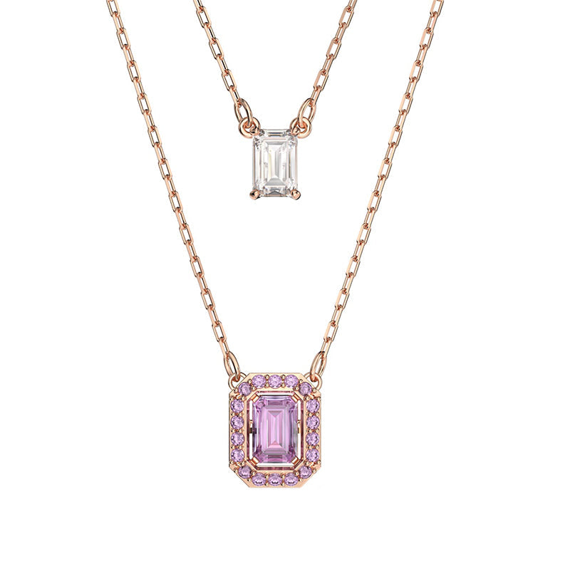 Swarovski Millenia Rose Gold Tone Plated Purple Crystal Octagon Cut Layered Necklace