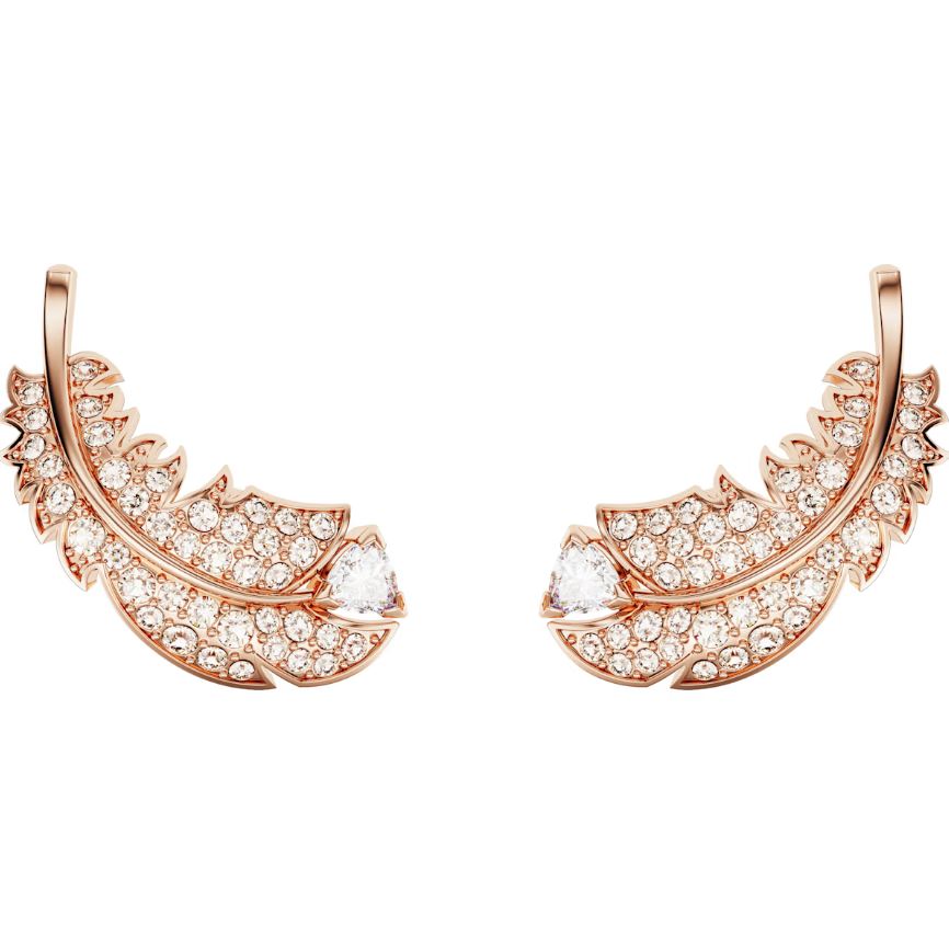 Swarovski Nice Rose Gold Tone Plated White Crystal Feather Earrings