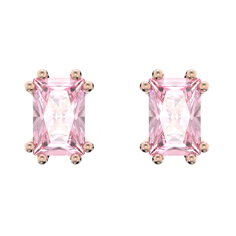 Swarovski Stilla Rose Gold Tone Plated Pink Crystal Cushion Cut Stud Earrings