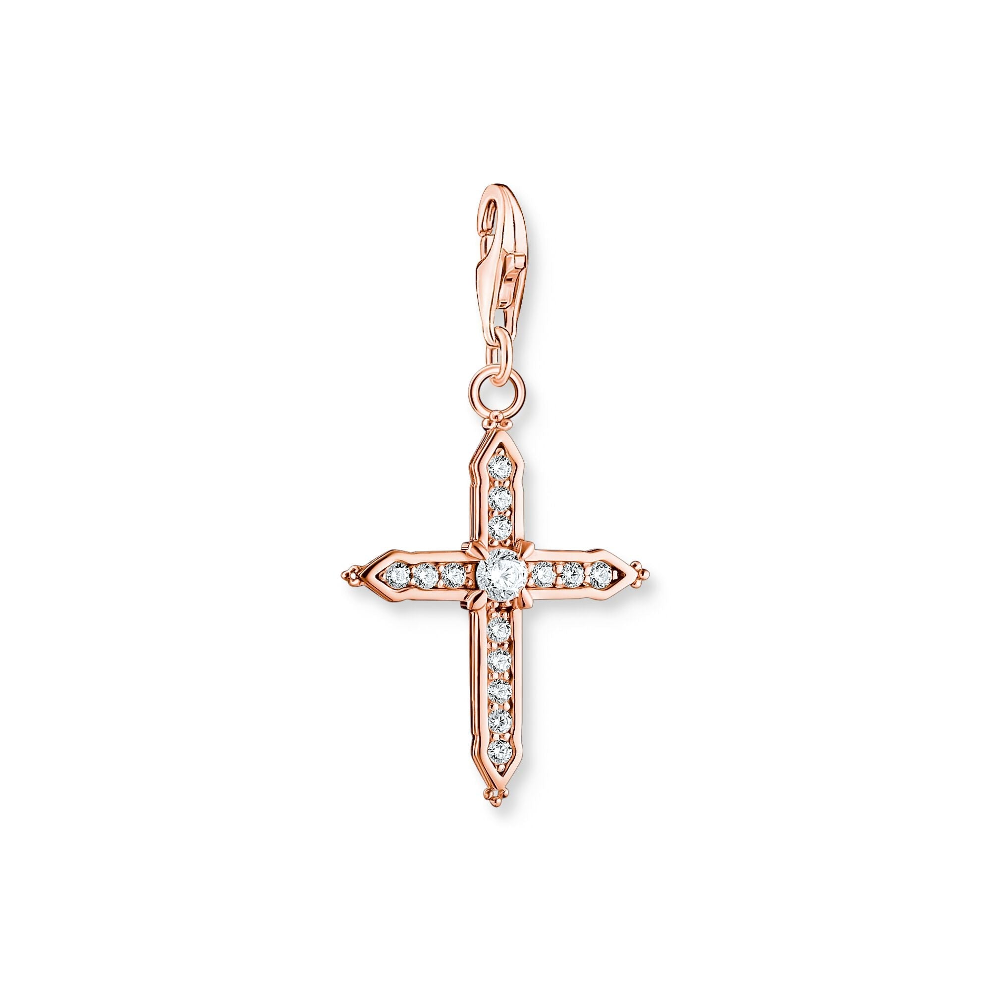 Thomas Sabo Charm Club Rose Gold Plated Sterling Silver White Stones Cross Charm