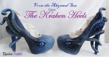 Load image into Gallery viewer, The Kraken Heels Custom Hand Sculpt Paint Black Blue Shoe Size 3 4 5 6 7 8  High Wedge Sea Abyss Creature Monster Mythical Octopus Squid
