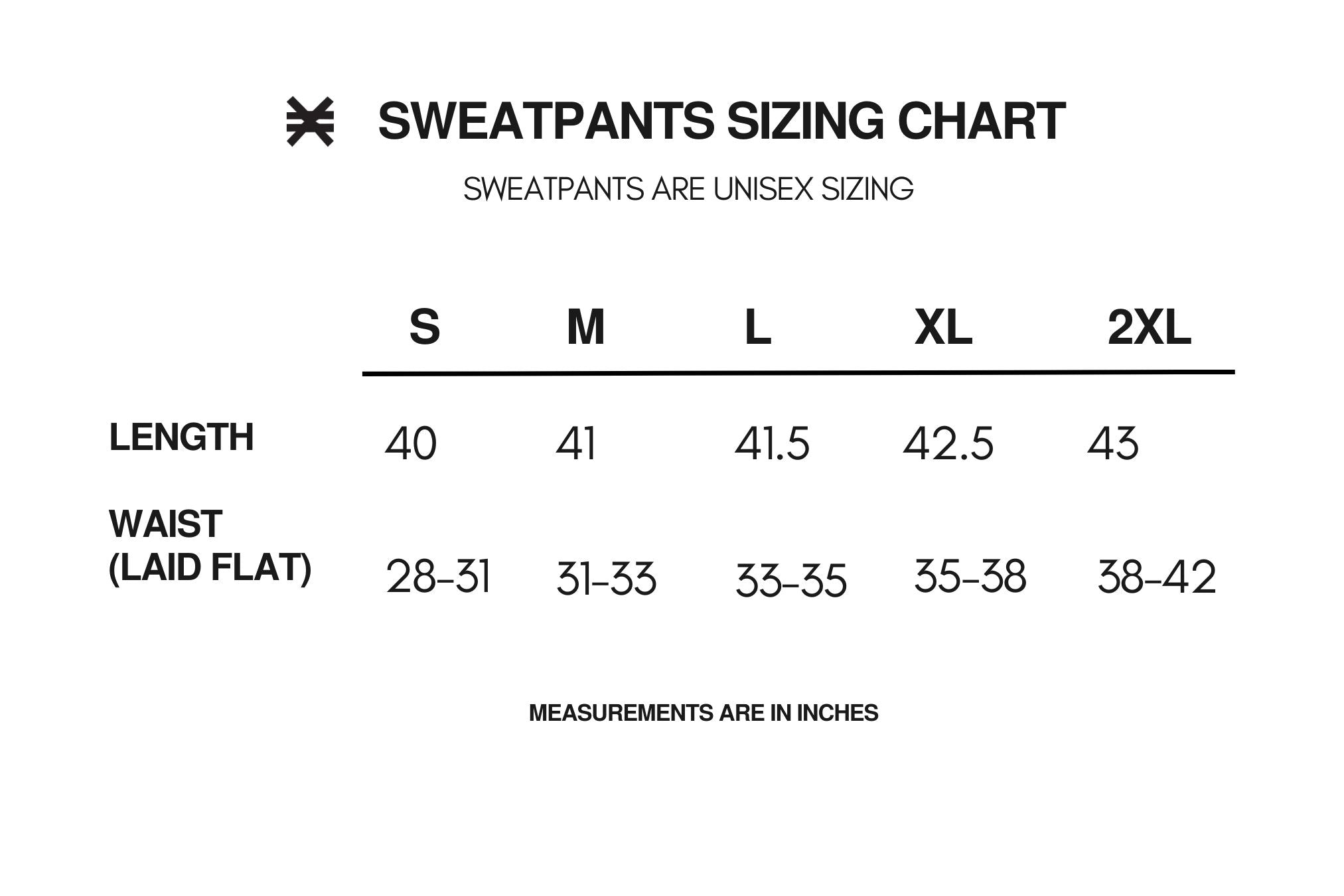 sweatpants size chart length and waist dimensions sizes small through 2xl for men and women