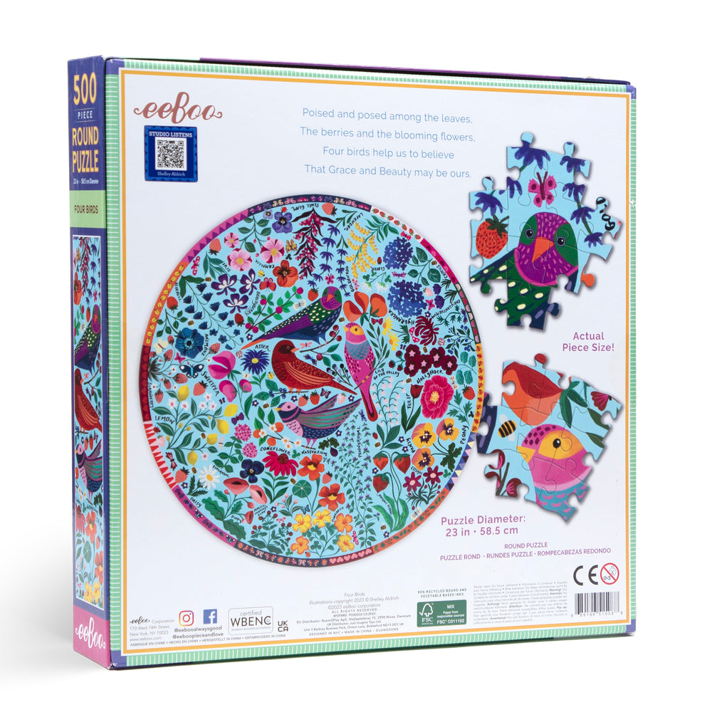 Four Birds & Florals 500 Piece Round Jigsaw Puzzle | Unique Beautiful Gifts for Mom