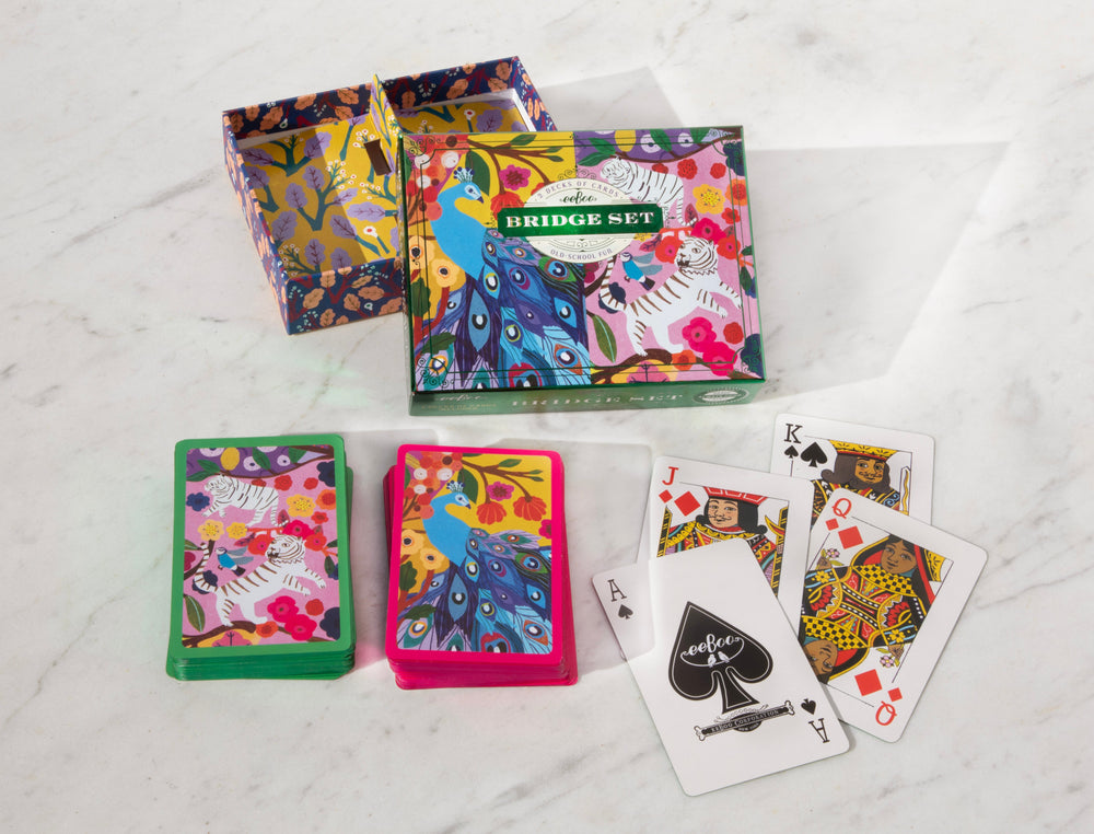 Bridge Playing Cards Set | Unique Artist Illustrated Peacocks & Tigers with Green & Pink Foil | Makes a beautiful gift.