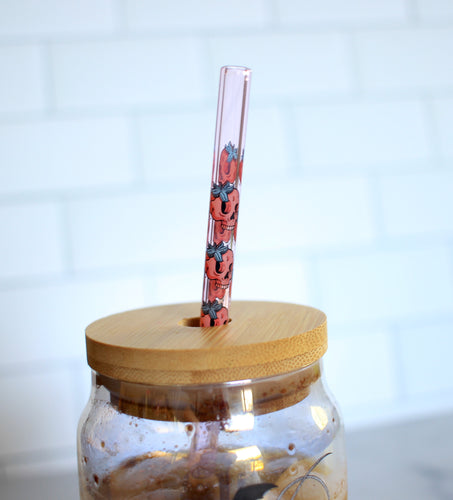 Strawberry Can Glass Cup w/Bamboo Lid & Straw