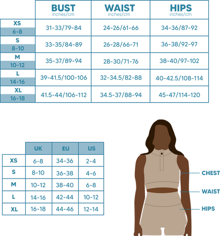 activewear size chart for Ela Wear