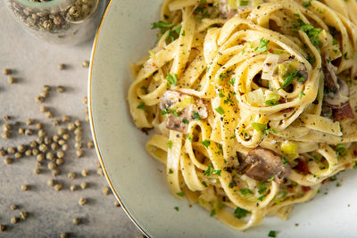 Green Peppercorn Fettuccine with Leeks, Bacon and Mushrooms Recipe ...