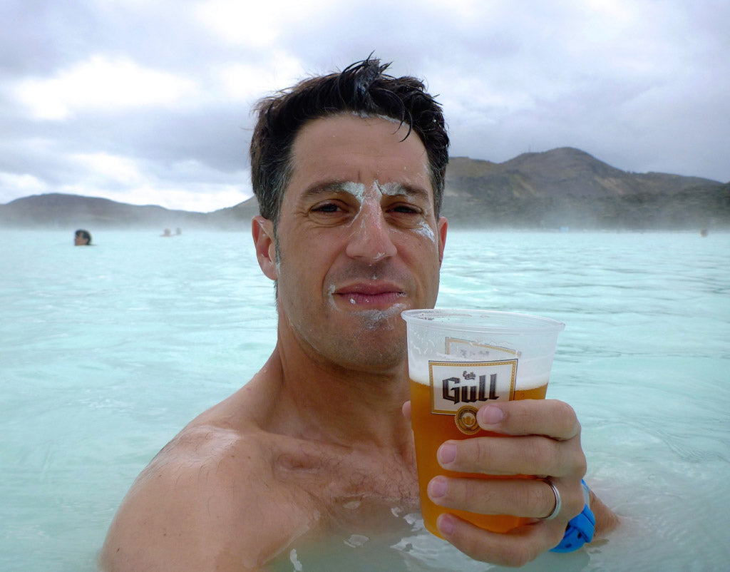 Enjoying a beer in Iceland's Blue Lagoon. I mean looking for Icelandic Sea Salt in Iceland.