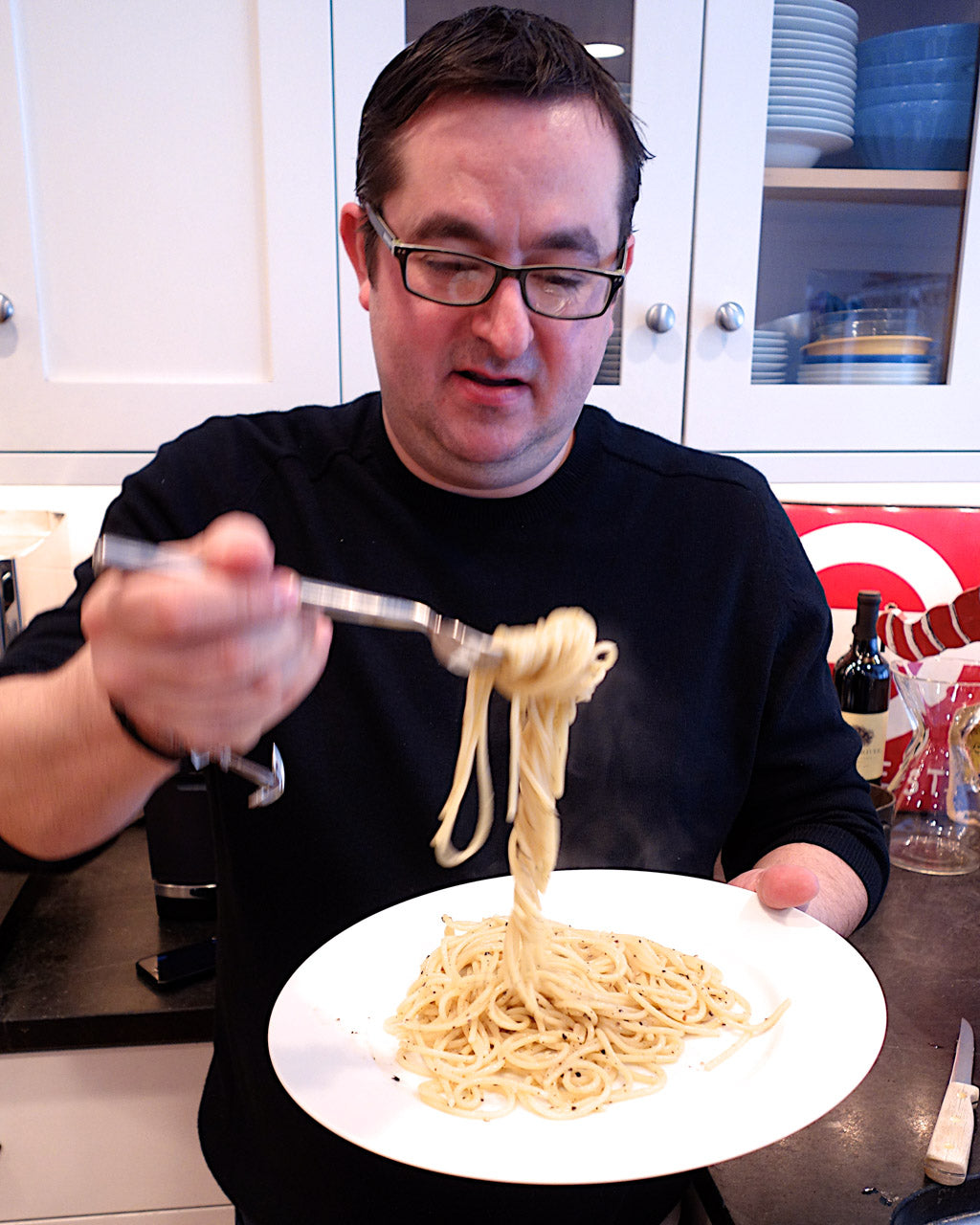 Chef Todd Stein enjoying Cacio e Pepe