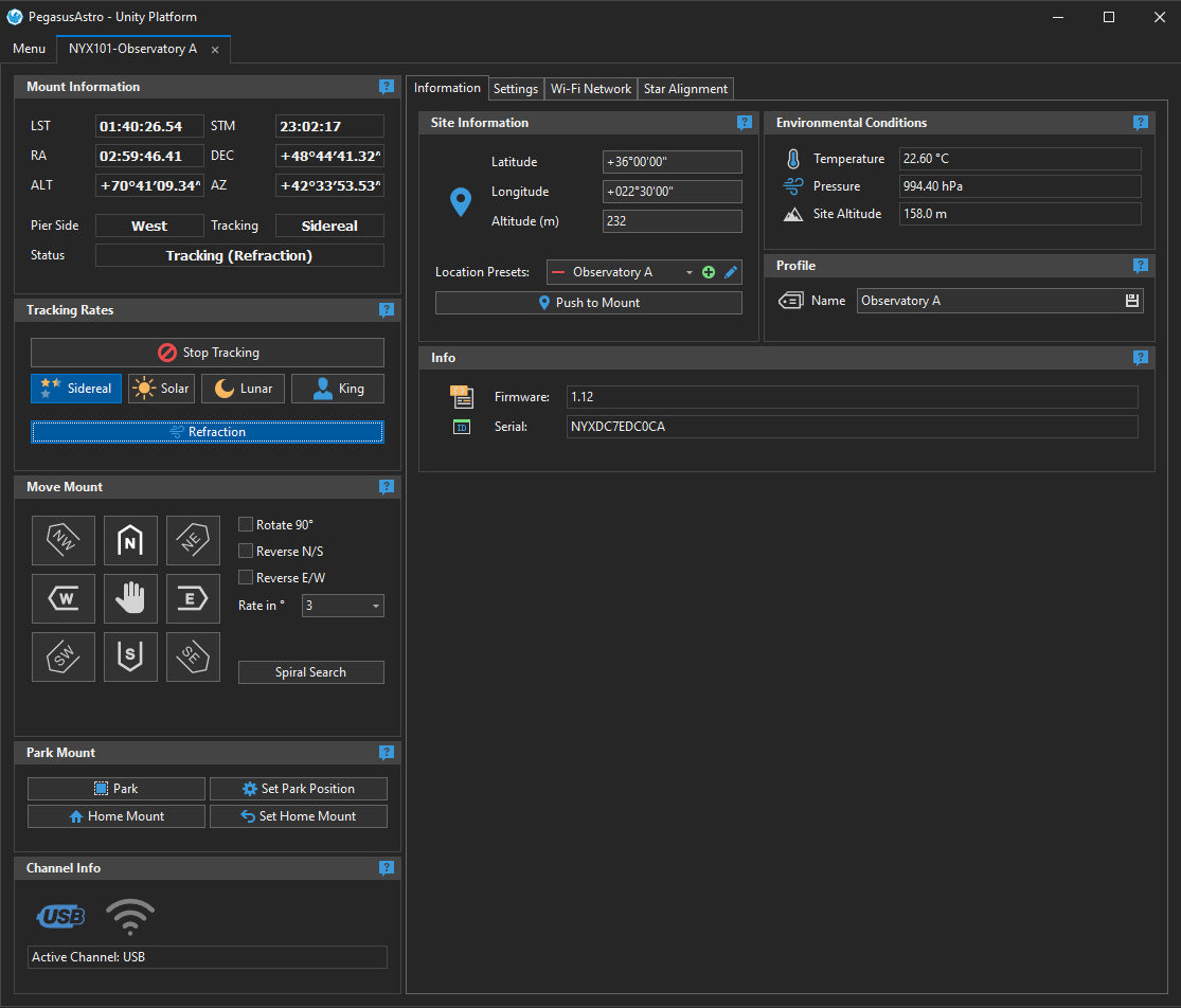 Screenshot of the Pegasus Astro Unity Platform showing mount control settings, tracking options, site information, and environmental data for the NYX-101 harmonic mount.
