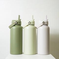 Byron 1L Drink Bottle 3 bottles side by side in colours of  Green, lime and cream colours.