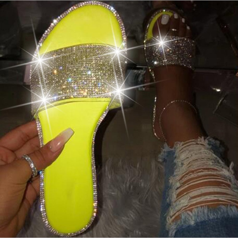 Glitter Slippers Women Summer Sandals Fashion Bling Female Candy Color Flip Flops Beach Diamond Flat