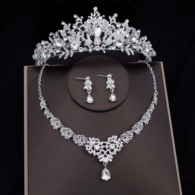 Luxury Crystal Bridal Jewelry Sets Women Fashion Tiaras Earrings Choker Necklace Wedding Dress Bride