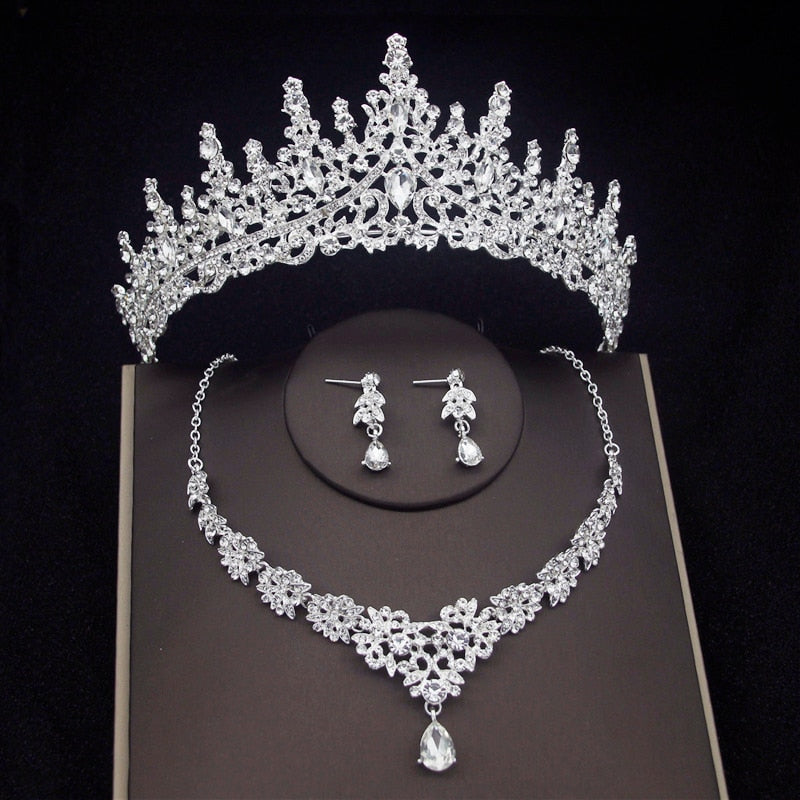 Luxury Crystal Bridal Jewelry Sets Women Fashion Tiaras Earrings Choker Necklace Wedding Dress Bride