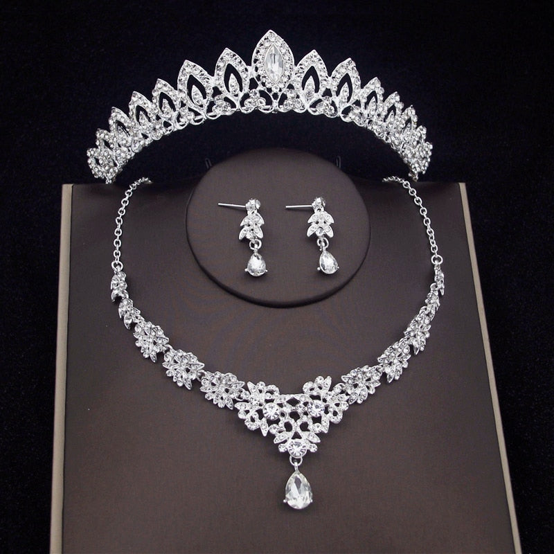 Luxury Crystal Bridal Jewelry Sets Women Fashion Tiaras Earrings Choker Necklace Wedding Dress Bride