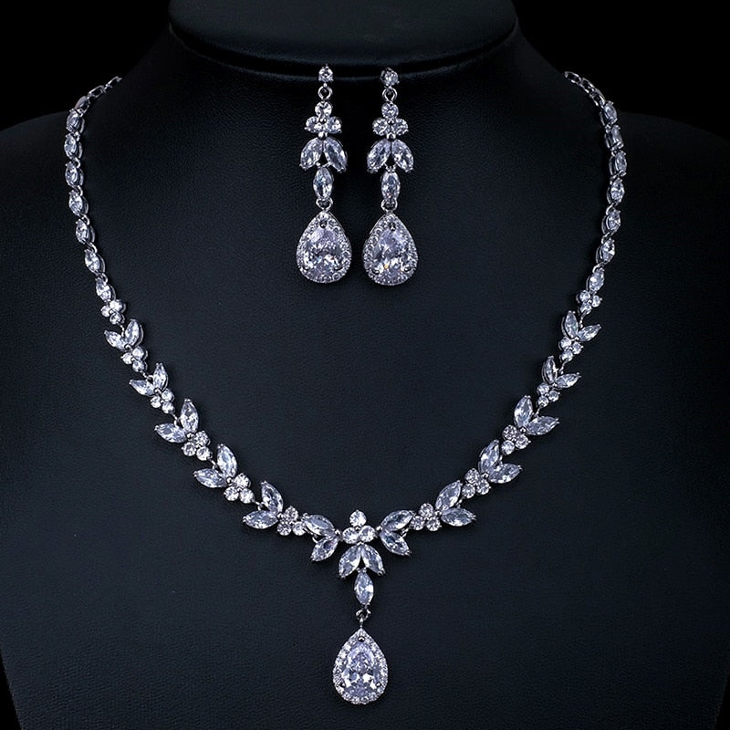 Cubic Zirconia Necklace Set Earrings Luxury Brilliant  CZ Light Drop Bridal Wedding Jewelry Sets cus