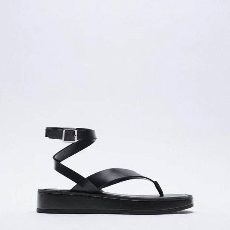 Summer Women Shoes Black Flat Leather Fashion Sandals Flip-flop ZA Lace-up Thick-soled Ankle Strap S