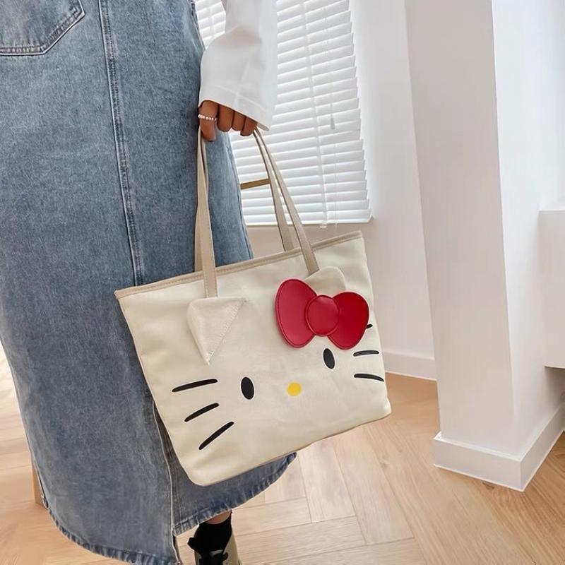 Kitty Retro tote bag One-Shoulder 38Cm Canvas Bag Wild Student Textbook Zipper Schoolbag Gift Backpa