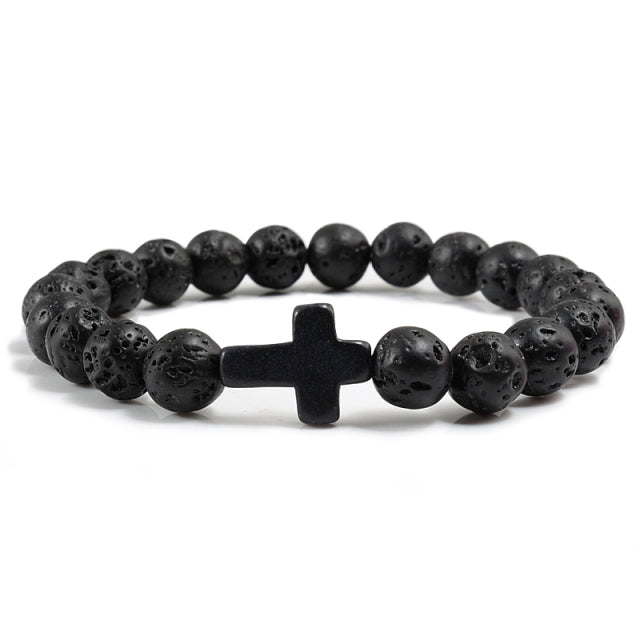 Jesus Cross Charm Men Bracelet Lava Stone 8mm White Beads Bracelets Bangles for Women Yoga Jewelry c