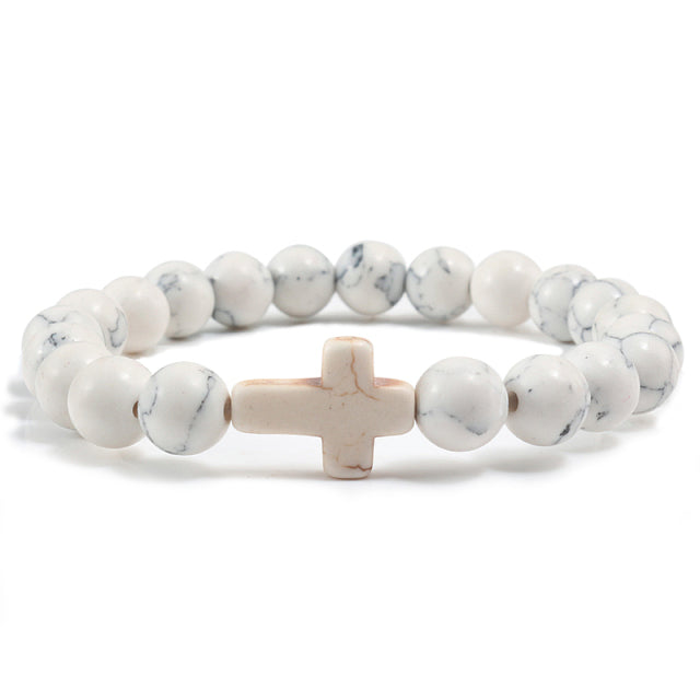 Jesus Cross Charm Men Bracelet Lava Stone 8mm White Beads Bracel