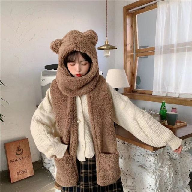 Cute Bear Ear Hat Scarf Gloves Set Winter Women Novelty Caps Warm Casual Plush Hats Casual Solid Fle