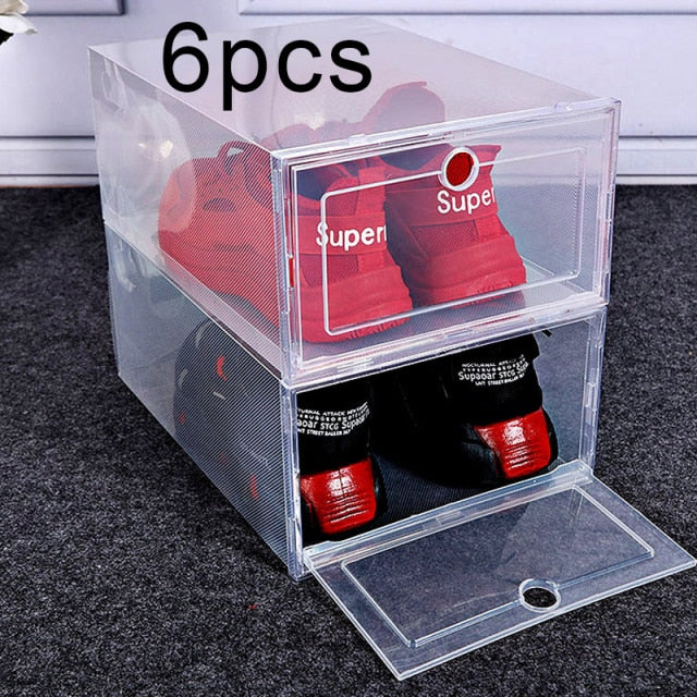 6pcs/Set Fold Plastic Shoes Case Thickened Transparent Drawer Case Plastic Shoe Boxes Stackable Box 