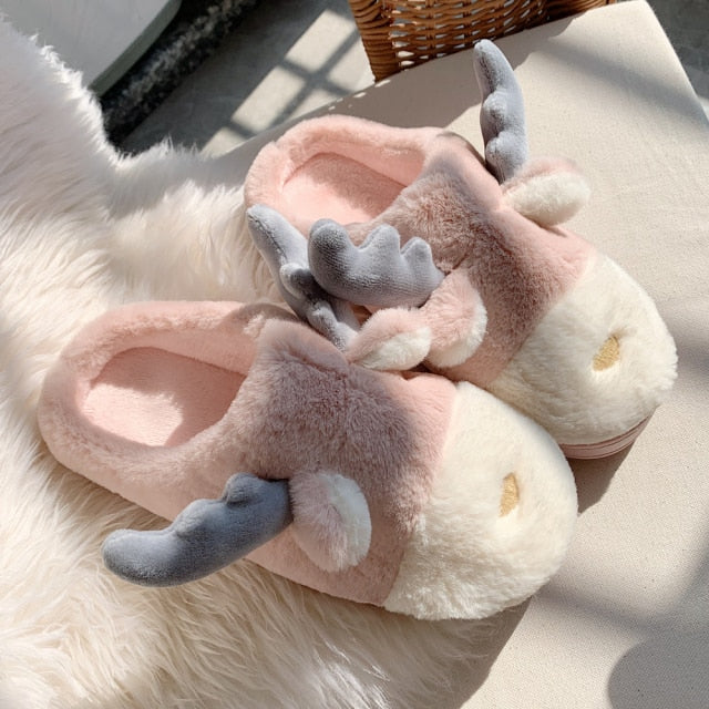 Cute Elk Animal Slipper For Women Girls Fashion Kawaii Fluffy Winter Warm Slippers Woman Cartoon Mil