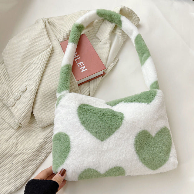 Tote bag Fashion Women Plush Flower Pattern Shoulder Bags Elegant Female Underarm Bags Faux Fur Hand