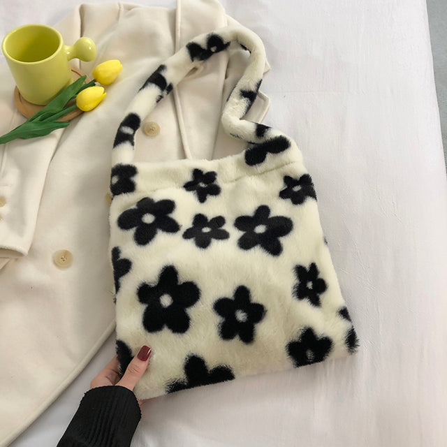 Tote bag Fashion Women Plush Flower Pattern Shoulder Bags Elegant Female Underarm Bags Faux Fur Hand