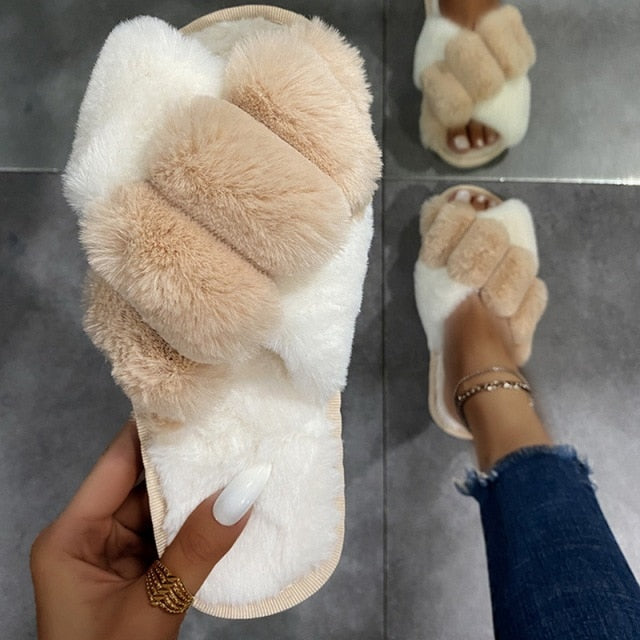 Winter Women Furry Slippers Soft Plush Cross Faux Fur Shoes Indoor Ladies Platform Sandalias Open To