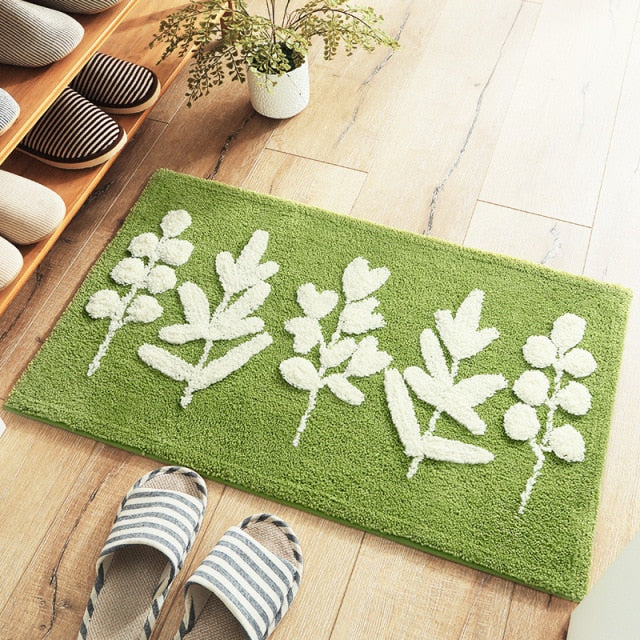 Plant Floral Green Leaves Flocking Bath Mat Non-slip Absorbent Microfiber Bathroom Rug Home Entrance