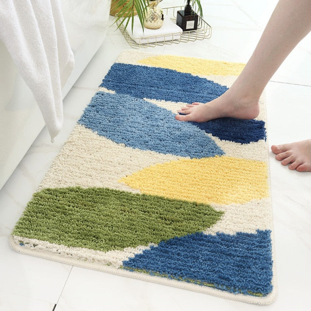 Plant Floral Green Leaves Flocking Bath Mat Non-slip Absorbent Microfiber Bathroom Rug Home Entrance